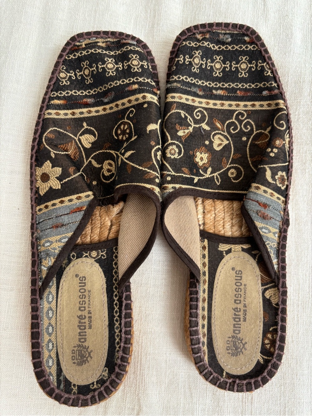 Andre Assous Women's Slip-On Floral Espadrille Mules in Brown in size 8